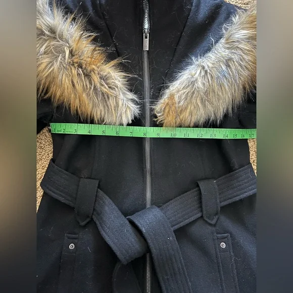 RACHEL Rachel Roy Black Wool Blend Trench Coat with Fur Trim - Picture 7 of 11